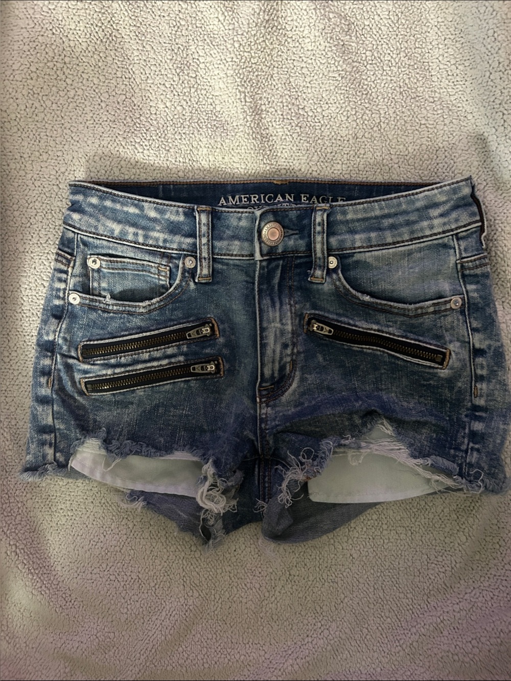 American Eagle Outfitters Distressed Blue Denim Shorts with Zipper Detail